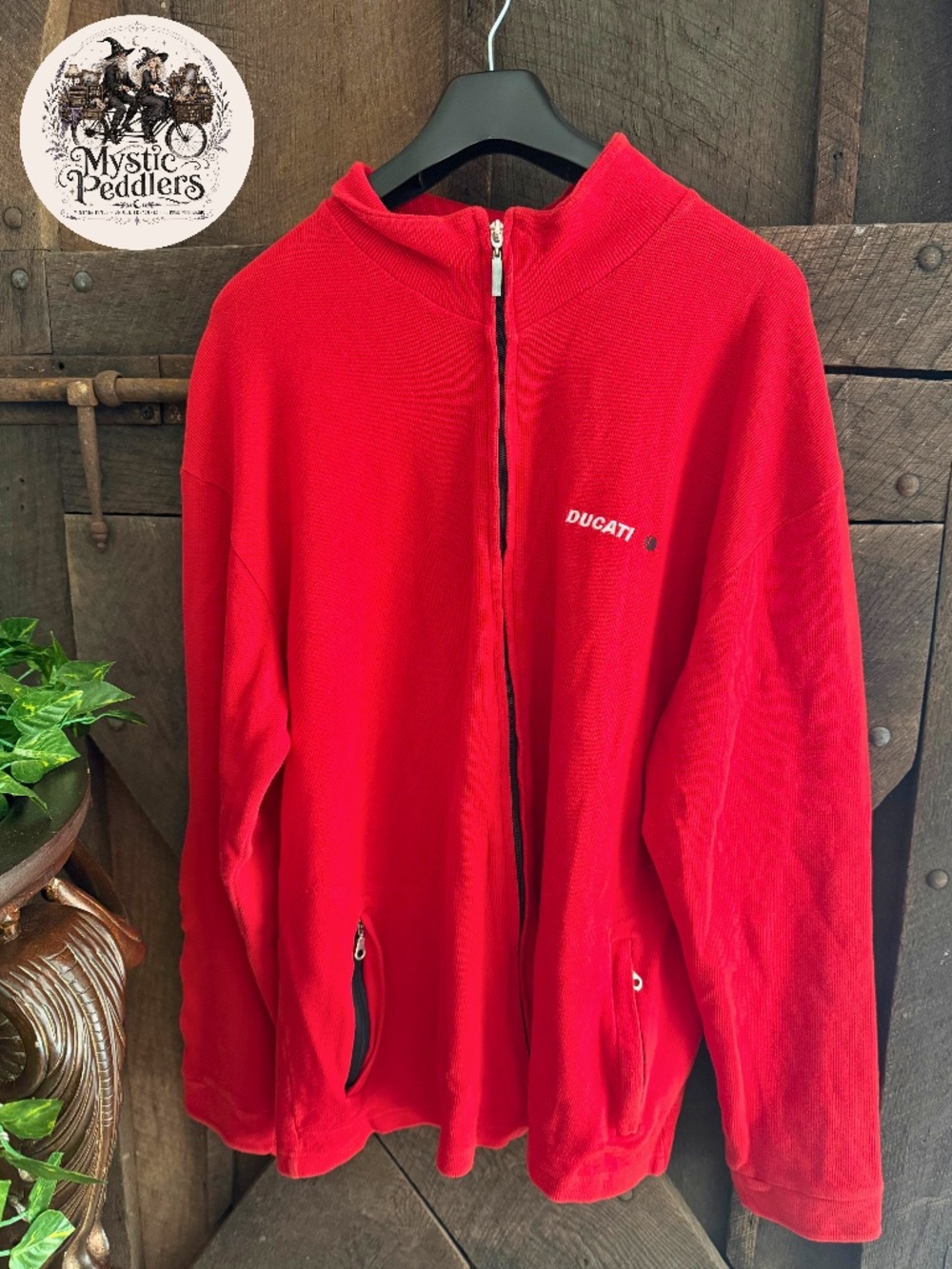 Vintage Ducati Red Ribbed Knit Full Zip Sweater Jacket - Size Large
